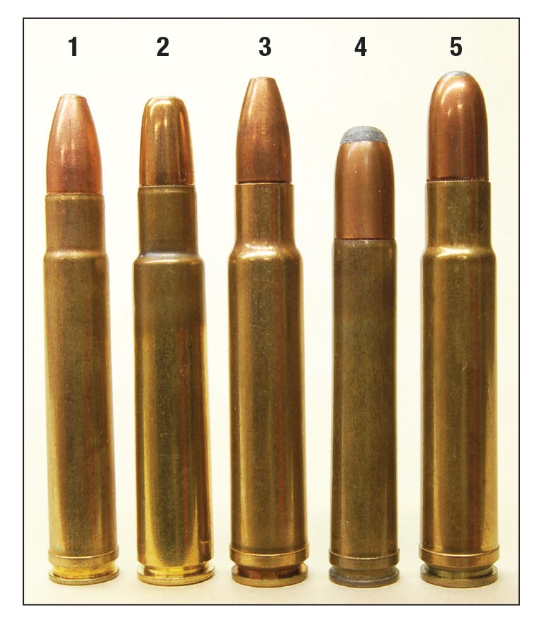 Common American dangerous-game cartridges include the (1) .416 Remington, (2) .416 Rigby, (3) .416 Weatherby Magnum,  (4) .458Winchester Magnum and the (5) .460 Weatherby Magnum.